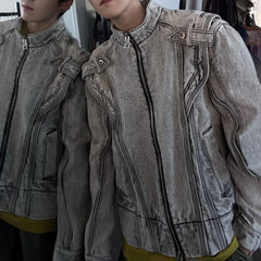 Threebooy American High Street Fashion Retro Y2k Coat Spring And Autumn Motorcycle Heavy Industry Stitching Washed Design Denim Jacket Men