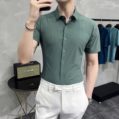 Threebooy Top Quality Men's Summer Casual Short Sleeve Shirts/Male Slim Fit Business Office Stripe Casual Shirt Man Dress Shirts 4XL