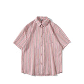 Threebooy Summer men Short Sleeve Shirt For Men Striped Loose Polos Lapel Shirts New unisex High Street Pocket Blouse Couple shirt