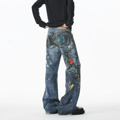 Threebooy Jean Men Unique Design Graffiti Street Style Drag Jeans Urban Trendy Fashion Distressed Long Fit Casual Denim Pants Edgy Hip Hop