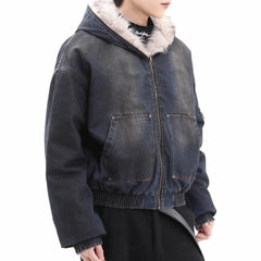 Threebooy Mens Fashion Trend Thickened Denim Jacket Hooded Jacket Autumn Winter American Street Handsome Hip-Hop Y2k Jacket Mens Clothing