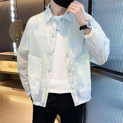 Threebooy Spring Autumn Fashion Turn-down Collar Long Sleeve Solid Color Men's Clothing Sunscreen Breathable Pockets Button Trend Thin Top