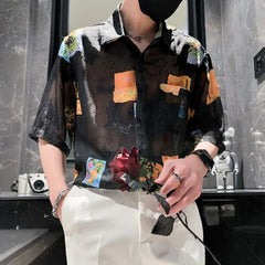 Threebooy Y2K Mens Shirt Semi Transparent Printed Color Short Sleeved Shirt Summer Casual Hawaiian Short Sleeved Top Men's Clothing