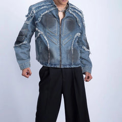 Threebooy Mens Biker Tassel Raw Edge Jacket Autumn Streetwear American Retro Personality Youth Casual Washed Denim Jacket Men'S Clothing