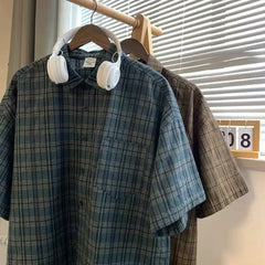 Threebooy Japanese Vintage Plaid Short Sleeve Shirt Men's Streetwear Loose Fit High-end Feel Casual Stylish Versatile Half Sleeve Jacket