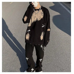 Threebooy Korean style Retro Worn-out Sweater For Men With Of Design Clip Loose Fit Trendy Winter Streetwear Knitwear Fashion