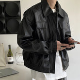 Threebooy Men's Casual Texture PU Leather Jacket High Street Zippers Turn-down Collar Long Sleeve Retro Coat with Pocket Autumn