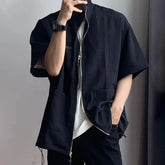 Threebooy Spring Summer Solid Waffle Shirt Men Zipper Shirts Trend Stand Collar Short Sleeve Tops Unisex Man Shirts Oversized Streetwear F