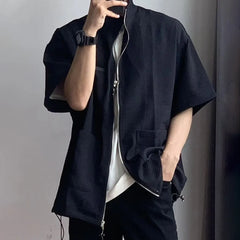 Threebooy Spring Summer Solid Waffle Shirt Men Zipper Shirts Trend Stand Collar Short Sleeve Tops Unisex Man Shirts Oversized Streetwear F