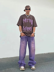 Threebooy Street made coordinates washed purple jeans for men with a unisex style loose fitting bf straight tube fall down