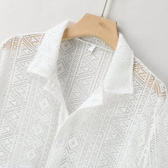 Threebooy Summer Men's Clothing Mesh See Through Mesh Sexy Shirt Short Sleeve Fishnet Button-down Retro Chic Streetwear Party Blouse S-5XL