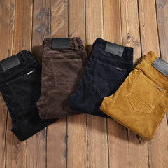 Threebooy Men's Corduroy Autumn and Winter Casual Pants Business Fashion Elastic Regular Fit Stretch Trousers Male Black Khaki Coffee Navy