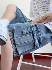Threebooy Summer Denim Cargo Shorts Men Flap Pockets Wide Leg Baggy Jeans Shorts Big Size 8XL 7XL 6XL Loose Fit Straight Jean Short Male