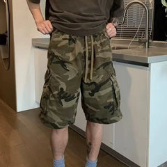 Threebooy Summer New Trend Male Camouflage Drawstring Shorts Large Pocket Design Elastic Waist Loose Casual Men Pants