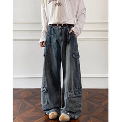 Threebooy Men Workwear Cargo Jeans New Multi Pocket Loose Straight Leg Baggy Streetwear Denim Pants Urban Casual Trousers 2025 Autumn