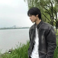 Threebooy Punk Gray Denim Jacket Men's American Retro Heavy Industry Coat Metal Design Stand Collar Old Washed Short Spliced Street Jacket