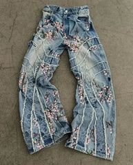 Threebooy Blue Jeans for Women Y2K Harajuku Hip Hop Sakura Embroidery Retro Patch Heavy Baggy Jeans High Waist Wide Leg Trouser Streetwear