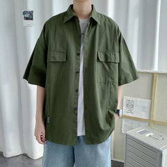 Threebooy Working Pocket Solid Color Pure Cotton Short-sleeved Shirt Fashionable Summer Lapel Button Functional Half-sleeved Cardigan