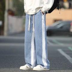 Threebooy Autumn New Men's Baggy Straight Jeans Elastic Waist Drawstring Striped Tie Dye Pants Fashion Korean Vintage Denim Trousers Male