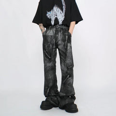 Threebooy High Street Washed Zipper Retro Jeans Men's Autumn New Style Micro Brushed Paint Tie Dye Pants
