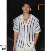 Men and women American high street hip-hop striped lapel short sleeved couple retro summer knitted Harajuku short sleeved top