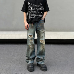 Threebooy Ripped Jeans Men Distressed Punk High Street Fashion Vaqueros Pantalones Hombre Streetwear Casual Trousers Vintage Denim Pants
