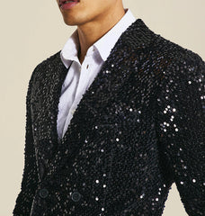 Threebooy Black Men Suits 2 Pieces Shiny Sequins Blazer Black Pants Double Breasted Modern Wedding Groom Formal Work Party Causal Tailored
