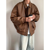 Threebooy Men's Multi Pocket Workwear Pu Leather Jacket Loose Fashion Trend Motorcycle Leather Jacket Coats Brown Color Outerwear