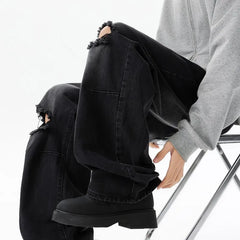 Threebooy Straight Loose Wide Leg Jeans Mens Washed Classic Trousers Ripped Destroyed Drag Floor Length Bulk Wholesale Trendy Streetwear