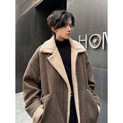 Threebooy Men Winter Berber Fleece Jacket Parka Coat Mens Multi-pockets Stand Collar Casual Thick Warm Jacket Man Khaki/Dark Gray
