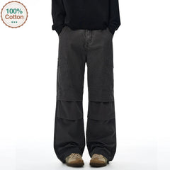 Threebooy American Loose Straight Cargo Pants Men's Fashion Streetwear 100% Cotton Vintage Large Pocket Loose Casual Wide-leg Trousers