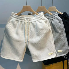 Threebooy Men's shorts, information sports shorts with wave patterns, solid with rope, loose and dry, gym, summer