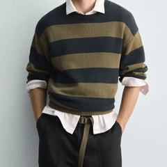 Threebooy Autumn New Men's Contrast Color Striped Long-Sleeved Sweater Retro Fashion Trend Street Hip-Hop Loose Casual Niche Men's Tops