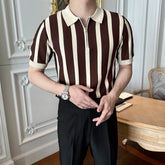 Threebooy Men's Clothing Leisure Light Luxury Knitted Polo Shirt Korean Striped Zipper Short Sleeve Retro Breathable Fashion Knitwear Tees