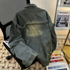 Threebooy American Retro Niche Button Jeans Coat Design Zipper Loose Washed Denim Jacket Men's Autumn High Street Jacket Top Spring Autumn