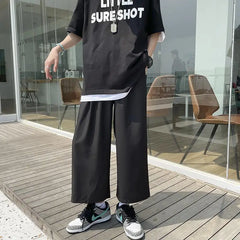 Threebooy Summer Thin Ice Silk Men's Straight Loose Couple Casual Wide-leg Sports Nine-point Pants