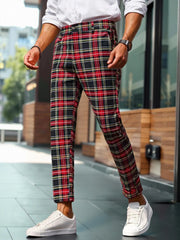 Threebooy Men's Tartan Plaid Tapered Cropped Dress Pants Viscose Polyamide Elastane Slim Fit Business Casual Ankle‑Length Trousers