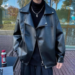 Threebooy Fashion Pu Leather Jacket Men Autumn And Winter New Velvet Warm Lapel Leather Motorcycle Jacket Casual Handsome Y2k Jacket
