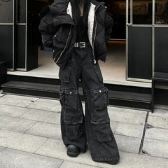 Threebooy American heavy industry multi pocket splicing design straight tube workwear jeans men and women trendy retro casual pants y2k