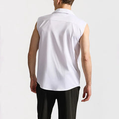 Threebooy New Summer Men's Sleeveless Shirt Solid Color Pocket Single Breasted Nightclub Shirts Male Streetwear