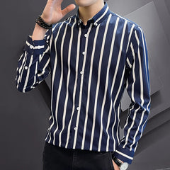 Threebooy Korean Fashion Men Social Shirt Casual Button Down Slim Fit Long Sleeve Smooth Striped Shirts