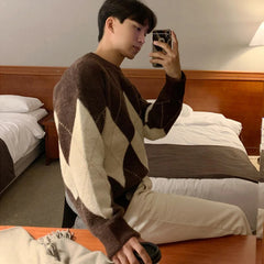 Threebooy Autumn Men's Casual Knitted O Neck Pullover Sweater Light Luxury Korean Patchwork Leisure Long Sleeve Tops Autumn Clothing