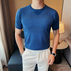 Threebooy Men's Casual Summer Short Sleeve T-shirts/Male Slim Fit High Quality Hollowed Out Ice Silk Knit T-shirt Round Neck Tees