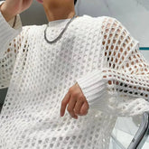 Threebooy Summer Y2K Vintage Hollow Out Loose Knitting T-shirt Man All Match Geometic Tops Fashion Casual Outfits See-though Male Pullover