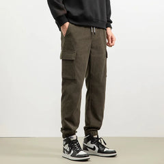 Threebooy Men's Loose Straight Leg Workwear Corduroy Pants Casual Cargo Joggers Pants Drawstring Elastic Waist Baggy Tapered Sweatpants