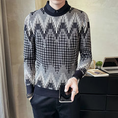 Threebooy Thick Warm Jacquard Fake Two-piece Sweater Men Long Sleeve Slim Casual Shirt Collar Knitted Pullover Fashion Knitwear Tops