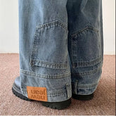 Threebooy American Style High Street Upside Down Design Sensibility Jeans European Hip Hop Streetwear Men's Fit Straight Leg Pants