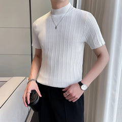 Threebooy Korean style Tees Men Summer Casual Knit T-shirts/Male slim fit stripe High neck knitting T-shirt 4XL