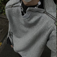 Threebooy Men's Chic Zipper Sweatshirt Light Luxury Long Sleeve Solid Color O Neck Korean Popular Retro Loose Leisure Streetwear Clothing