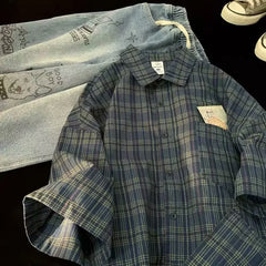 Threebooy Japanese Vintage Plaid Short Sleeve Shirt Men's Streetwear Loose Fit High-end Feel Casual Stylish Versatile Half Sleeve Jacket